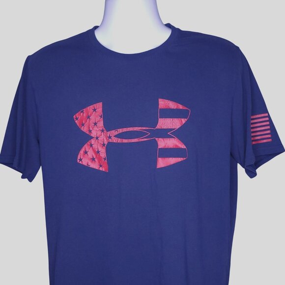 Under Armour Mens Navy T-Shirt With Red Stars & Stripes Logo Large HeatGear - Picture 1 of 7